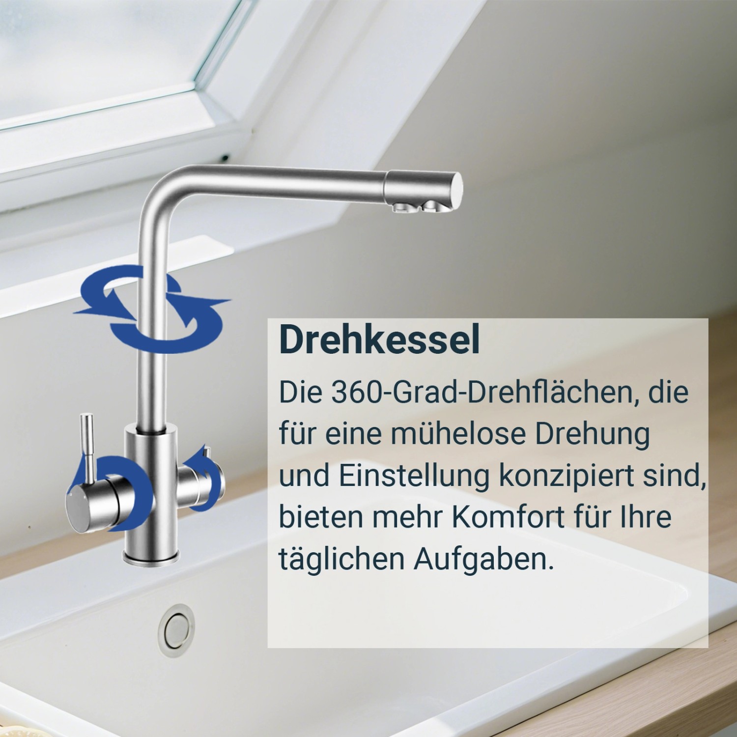 AICA Wasserhahn Silber Küche Spültischarmatur 3-Wege mit Trinkwasserfilter 2-Hebel Design für Doppelspülen 360° Schwenkbar_6