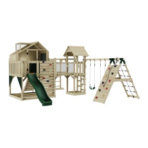 OutdoorToys Spielturm Milo mit Schaukel, Rutsche und Kletterwand in Dunkelgrün.