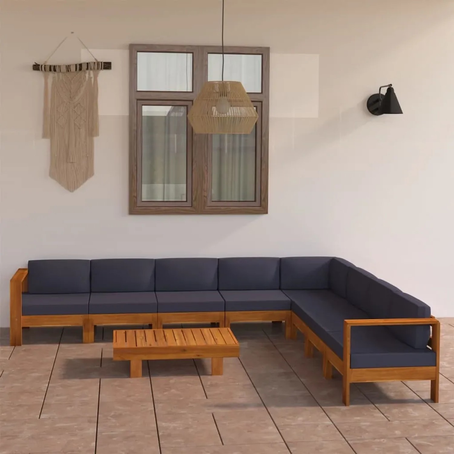 9-tlg. Garten Lounge Set mit dunkelgrauen Auflagen aus Akazienholz und Tisch.