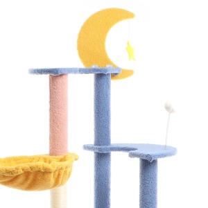 Fudajo Kratzbaum Mond Sterne, blau-gelb. Katzenbaum mit Plüsch, Sisalstamm & Spielzeug für Katzen.