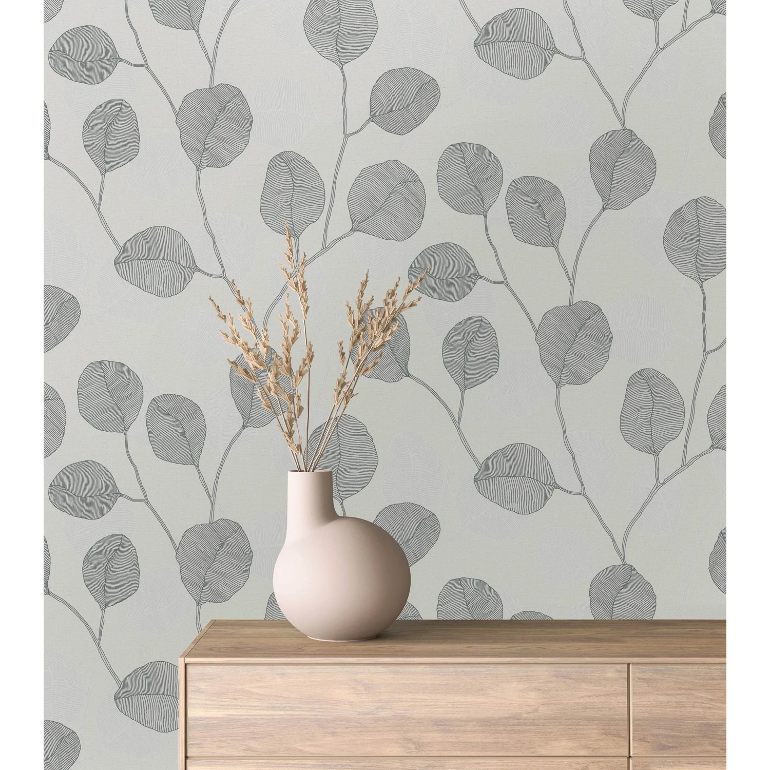 Graue Marburg Vliestapete GZSZ mit Blattmotiv und floralem Design. Dekorative Tapete für ein stilvolles Zuhause.