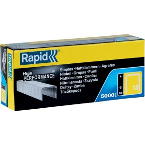 Rapid Tackerklammern 13/6 mm, 5000 Stück, in gelber Verpackung mit Klammer-Abbildung.