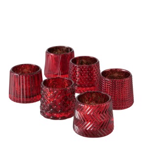 Sechs rote Boltze Teelichthalter Sabena aus Glas mit verschiedenen Mustern, Weihnachtsdekoration.