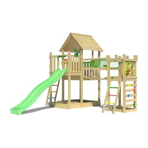 Jungle Gym Spielturm Lookout mit Wackelbrücke, Kletterrampe und hellgrüner Rutsche.