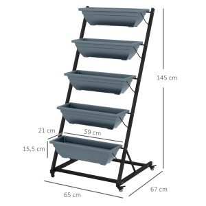 Grauer Outsunny Blumenständer mit 5 Ebenen und Rollen aus Stahl und Kunststoff.