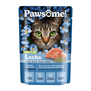 Pawsome Katzen-Nassfutter Adult Lachs, 85g Beutel mit Katze und Lachs.