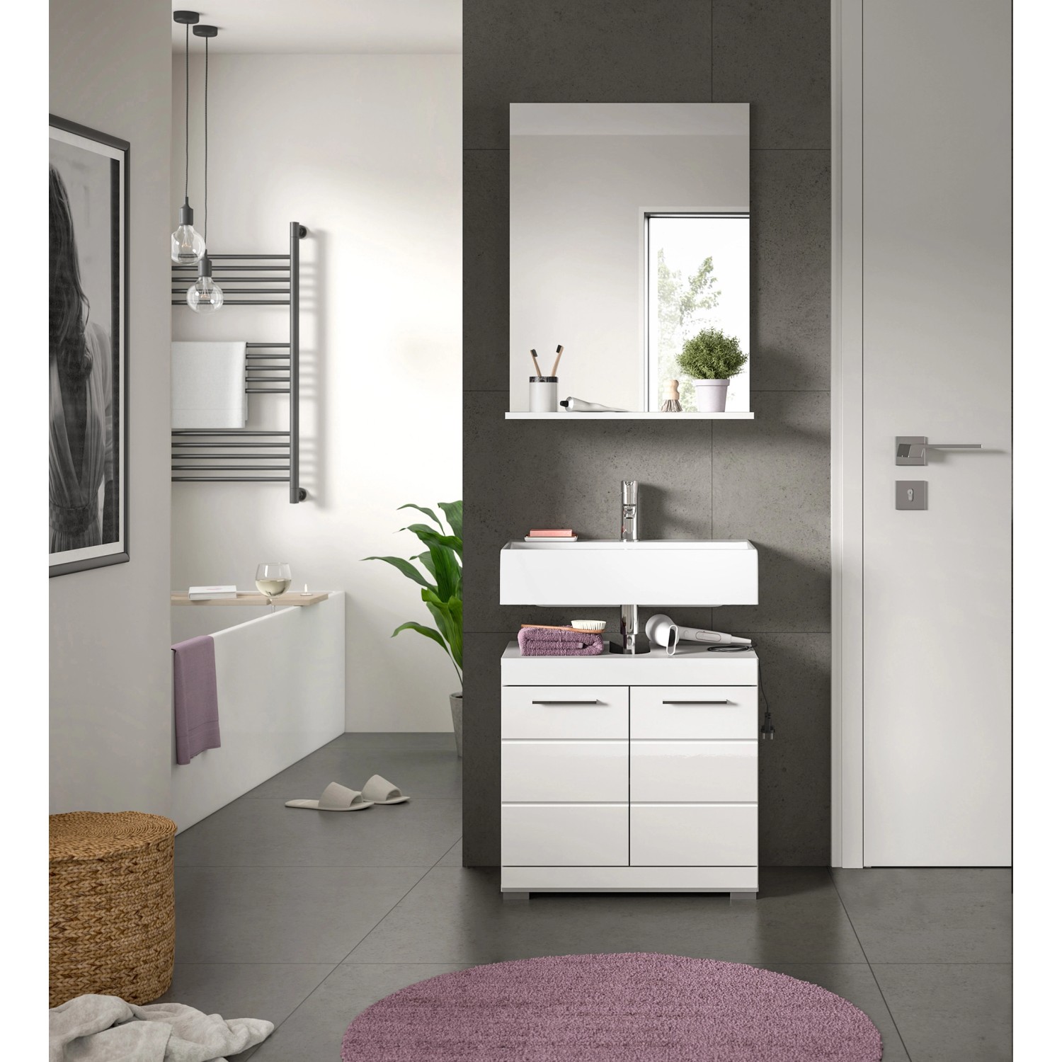 Badkombination mit Spiegel 60 cm x 191 cm x 34 cm Front Weiß Hochglanz FSC®