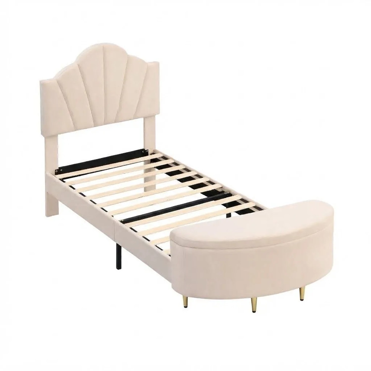 Merax Polsterbett 90x200 Muschelbett mit Polsterbank Stauraum Goldene Metallbeine Beige