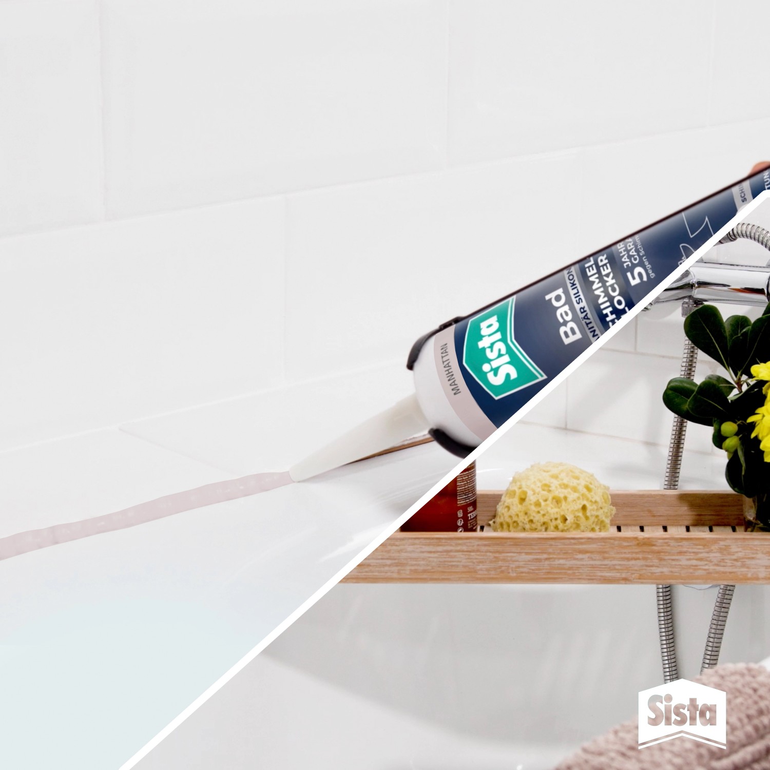 Sista Bad Sanitär Silikon Manhattan beim Abdichten einer Badewannen-Fuge.