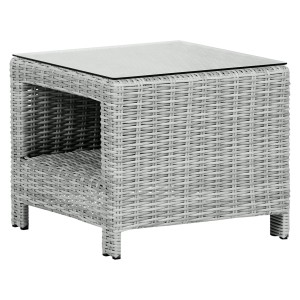 Sandfarbener ebuy24 Vinor Beistelltisch mit Glasplatte für den Garten.