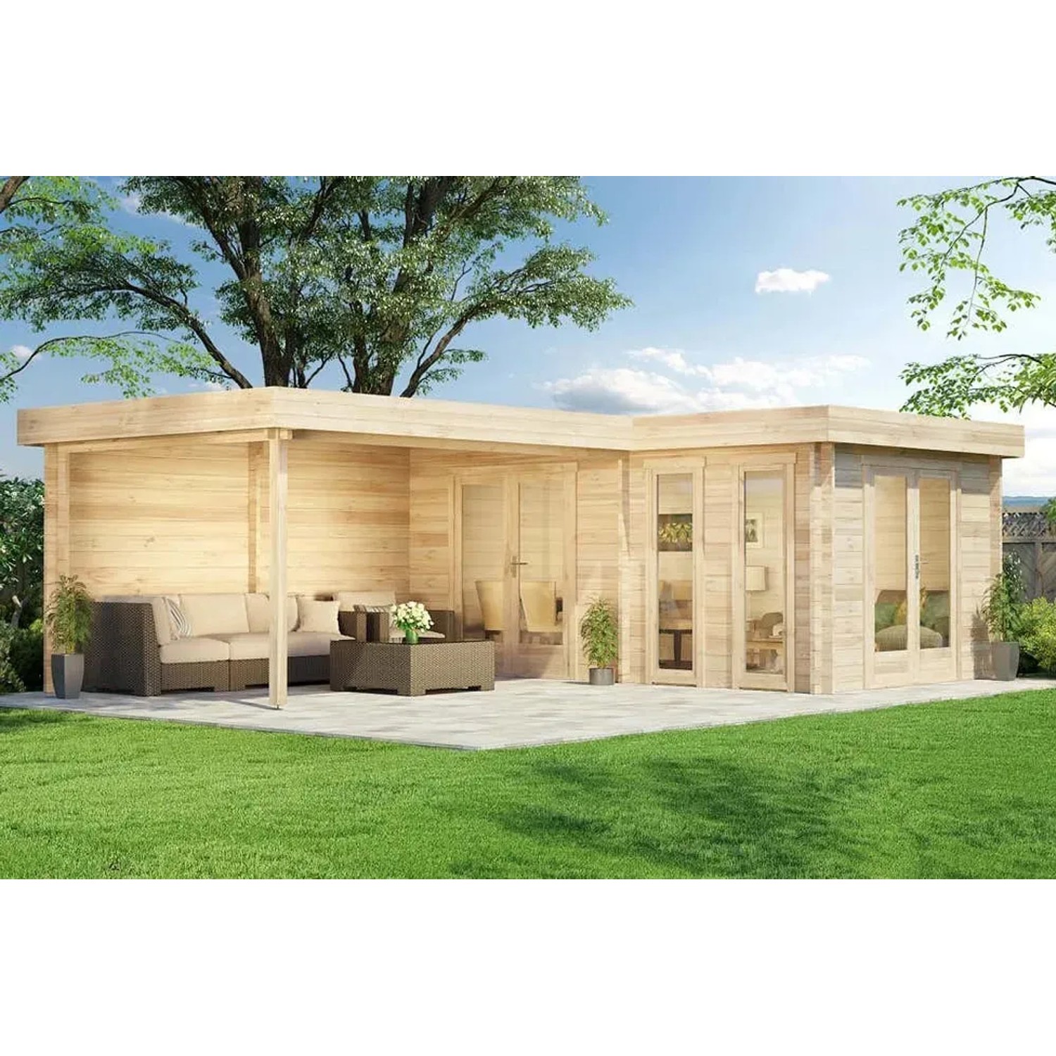 Finntherm Gartensauna Quinta ISO, naturbelassen, mit Terrasse und Sitzgruppe im Garten.