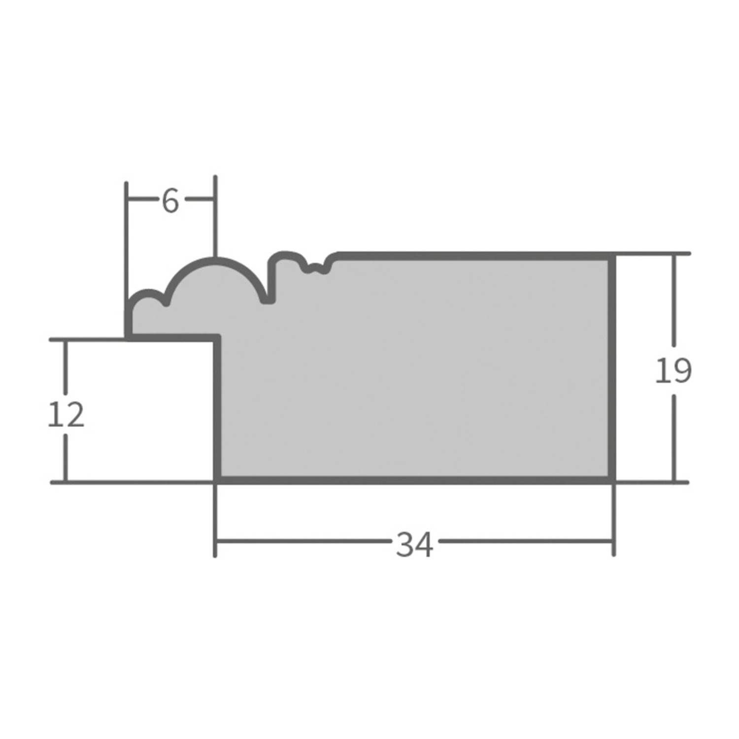 Detailzeichnung Wandspiegel H640, Maße des Holzrahmens in Weiß, Shabby-Chic Stil.