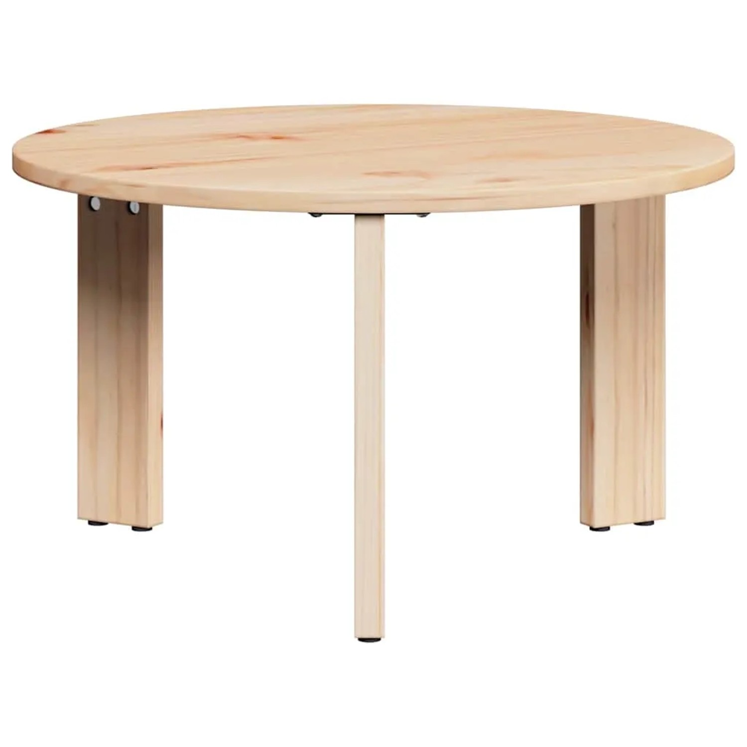 Runder Couchtisch aus hellem Massivholz Kiefer, naturfarben, mit drei Beinen. Perfekt für Ihr Wohnzimmer.