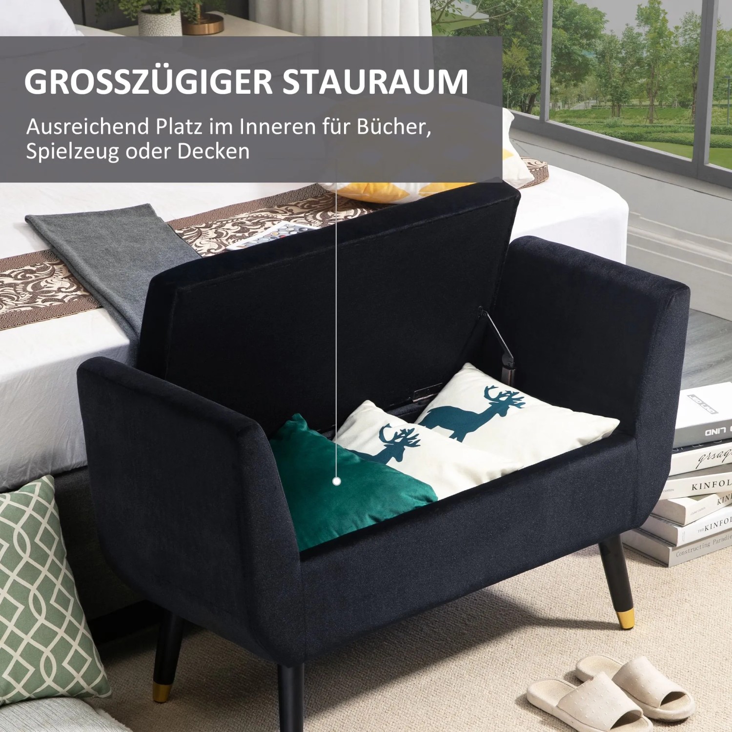 Schwarze HOMCOM Sitzbank mit offenem Stauraum, weich gepolstert. Kissen im Inneren. Elegantes Möbelstück mit goldenen Beinen.