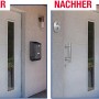 Vorher/Nachher: Haustür mit Edelstahl Stoßgriff-Set, variabel einstellbar.