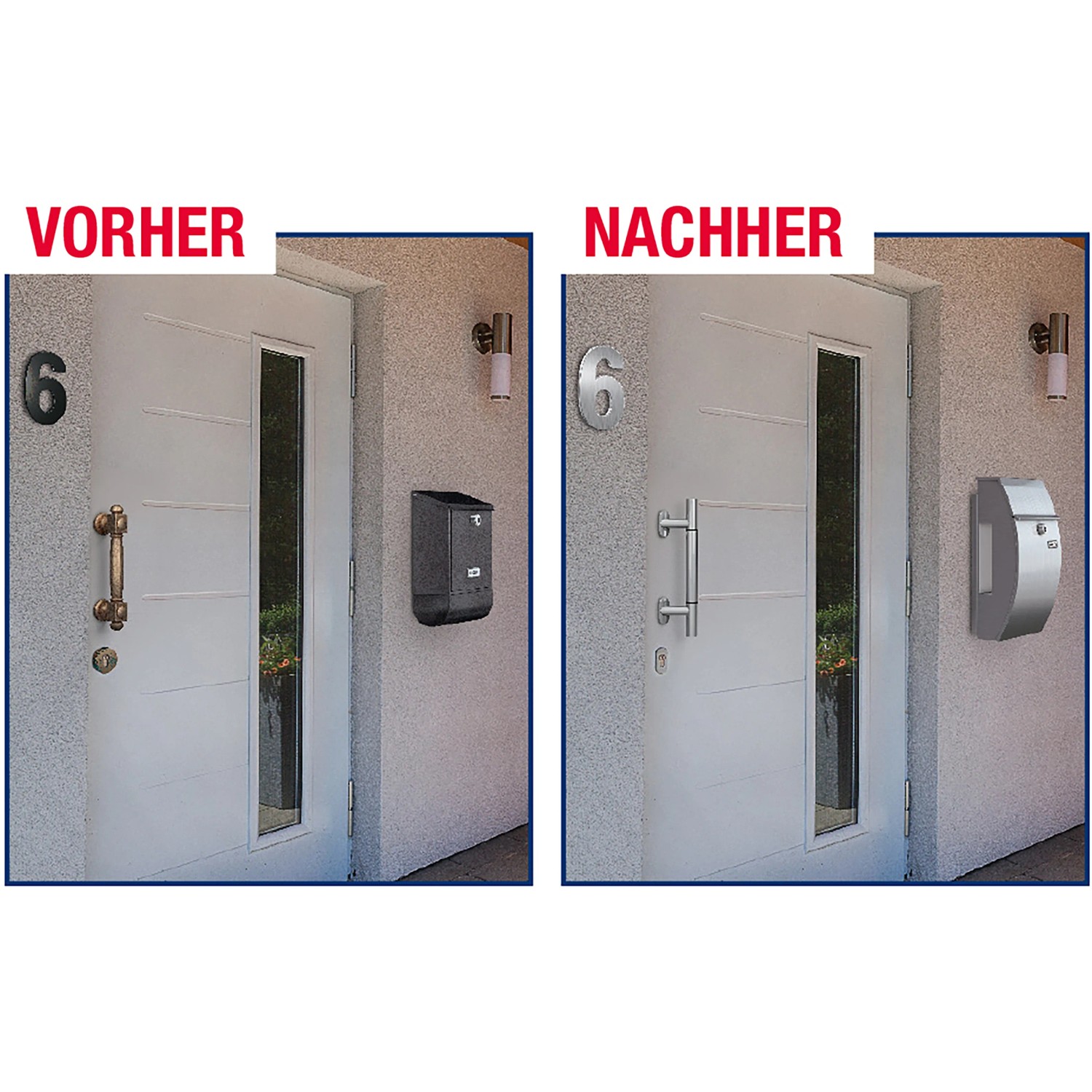 Vorher/Nachher: Haustür mit Edelstahl Stoßgriff-Set, variabel einstellbar.