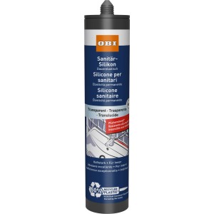Dunkelgraue OBI Sanitär-Silikon Transparent 310 ml Kartusche, dauerelastisch, fungizid für Bad & Küche.