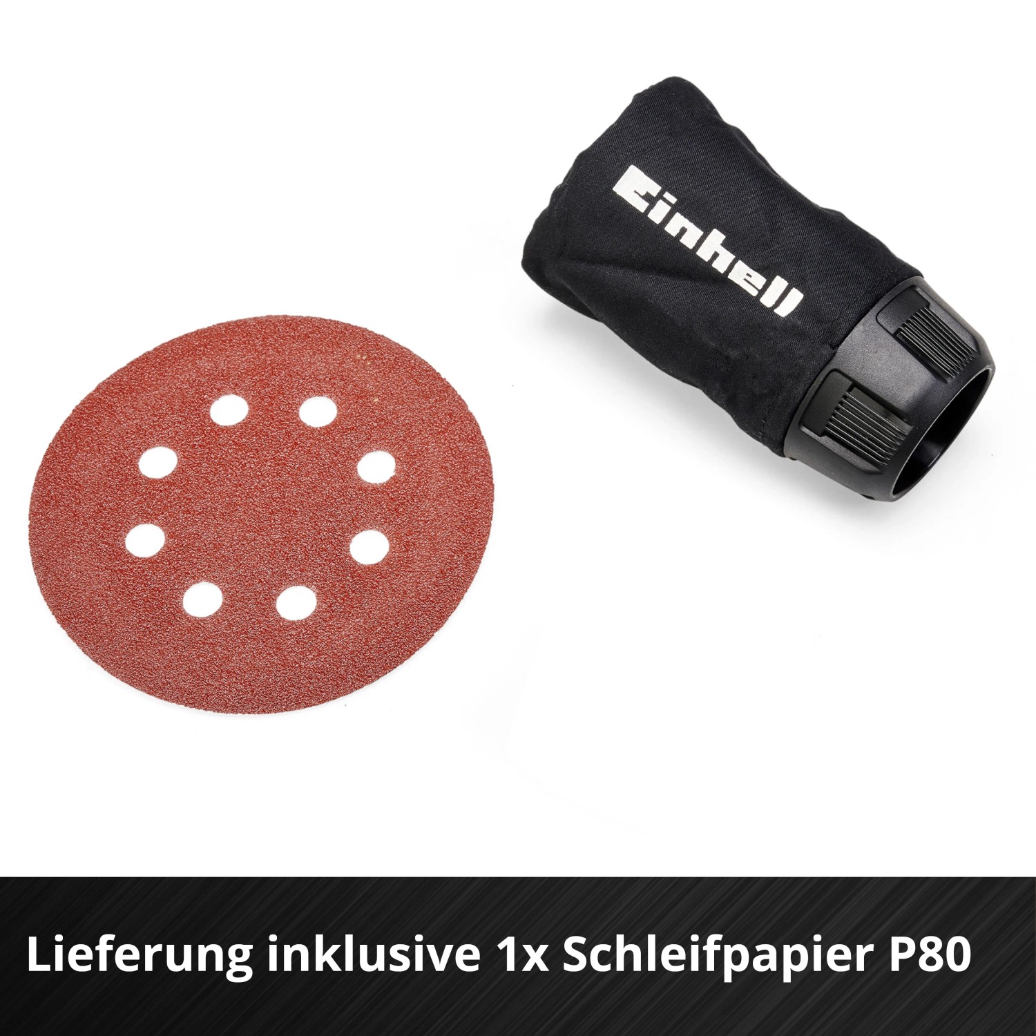 Zubehör für Einhell Exzenterschleifer: Schleifpapier P80 und Staubfangsack.