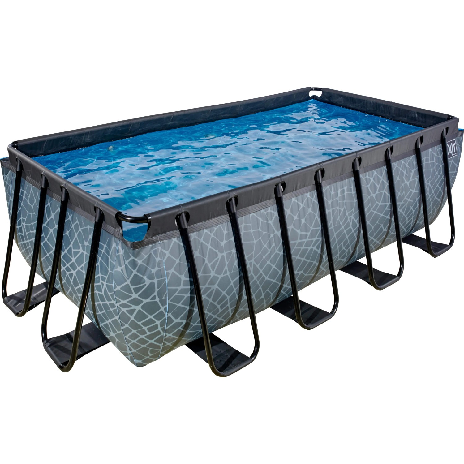 Rechteckiger, grauer EXIT Stone Pool 400x200x122 cm mit Steinmuster und Sandfilterpumpe.