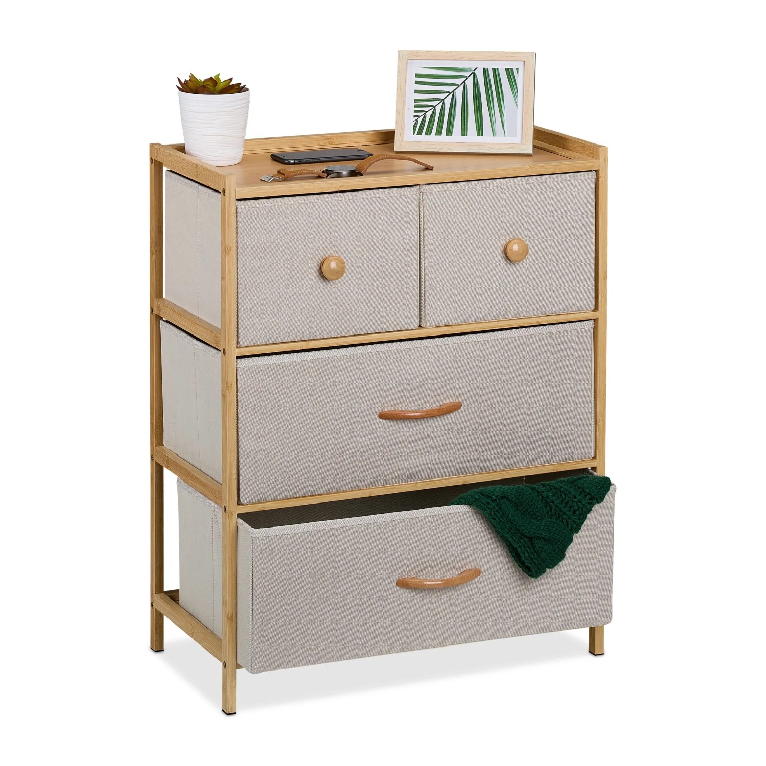 Relaxdays Kommode Bambus Beige mit 4 Schubladen 73 cm x 57,5 cm x 30 cm 5,7 kg