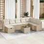 Beiges 9-teiliges vidaXL Garten-Sofa-Set aus Poly Rattan mit Tisch und Kissen.