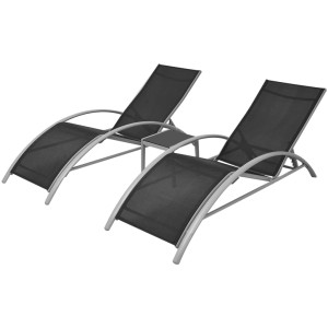 VidaXL Sonnenliegen Set mit Tisch, Aluminium, Schwarz. 2 Liegen und 1 Tisch mit Glasplatte.