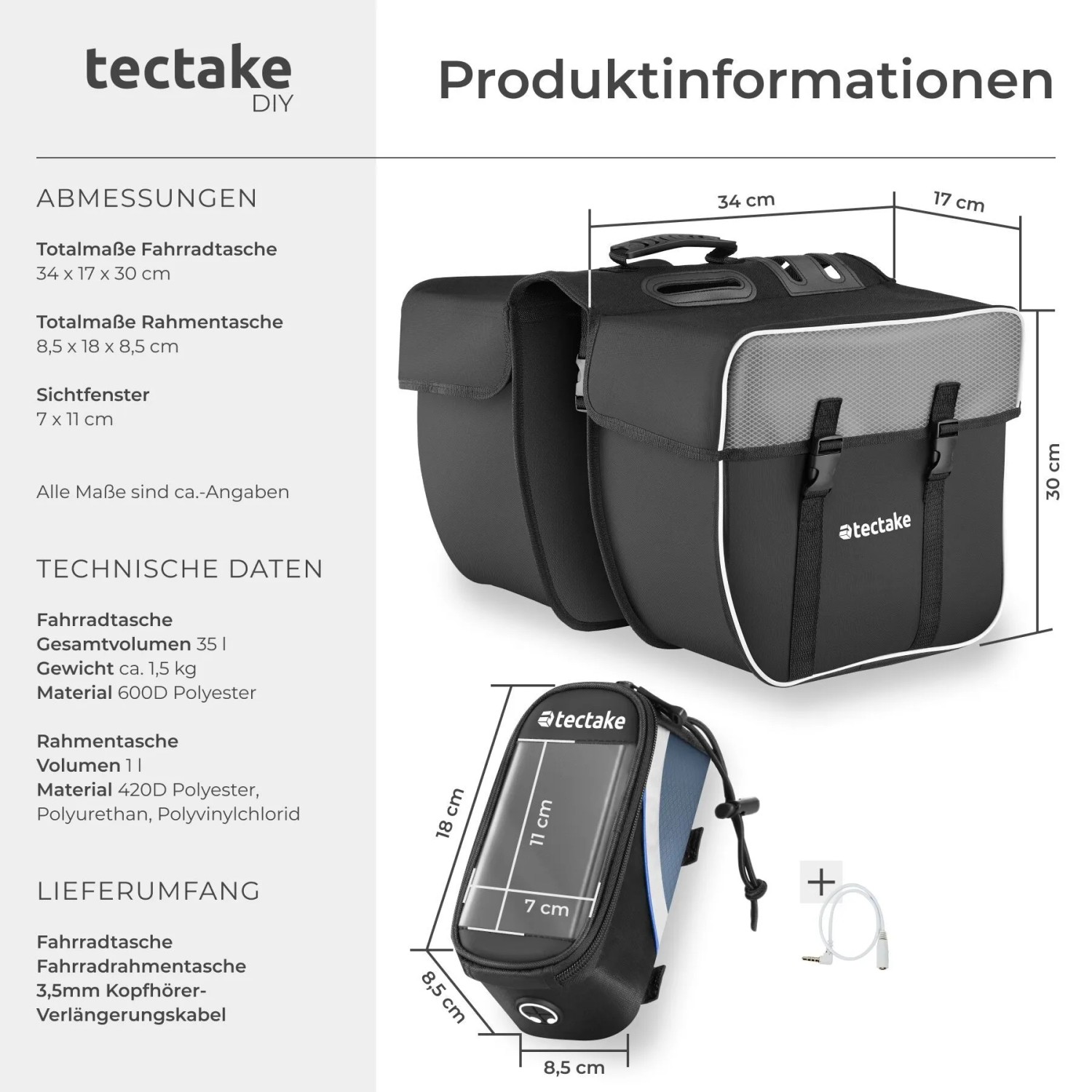 Tectake Fahrradtaschen Set: Gepäckträgertasche und Rahmentasche mit Handyfach.