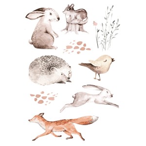 ESTAhome Wandtattoo Waldtiere braun: Fuchs, Hase, Igel, Vogel und Eichhörnchen.
