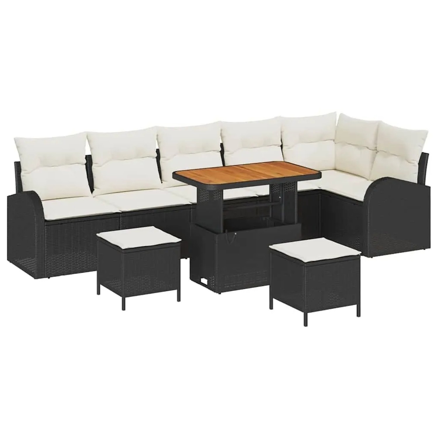 vidaXL Garten-Sofa-Set mit Kissen mit Speicher 9-Tlg Schwarz und Creme 3364365
