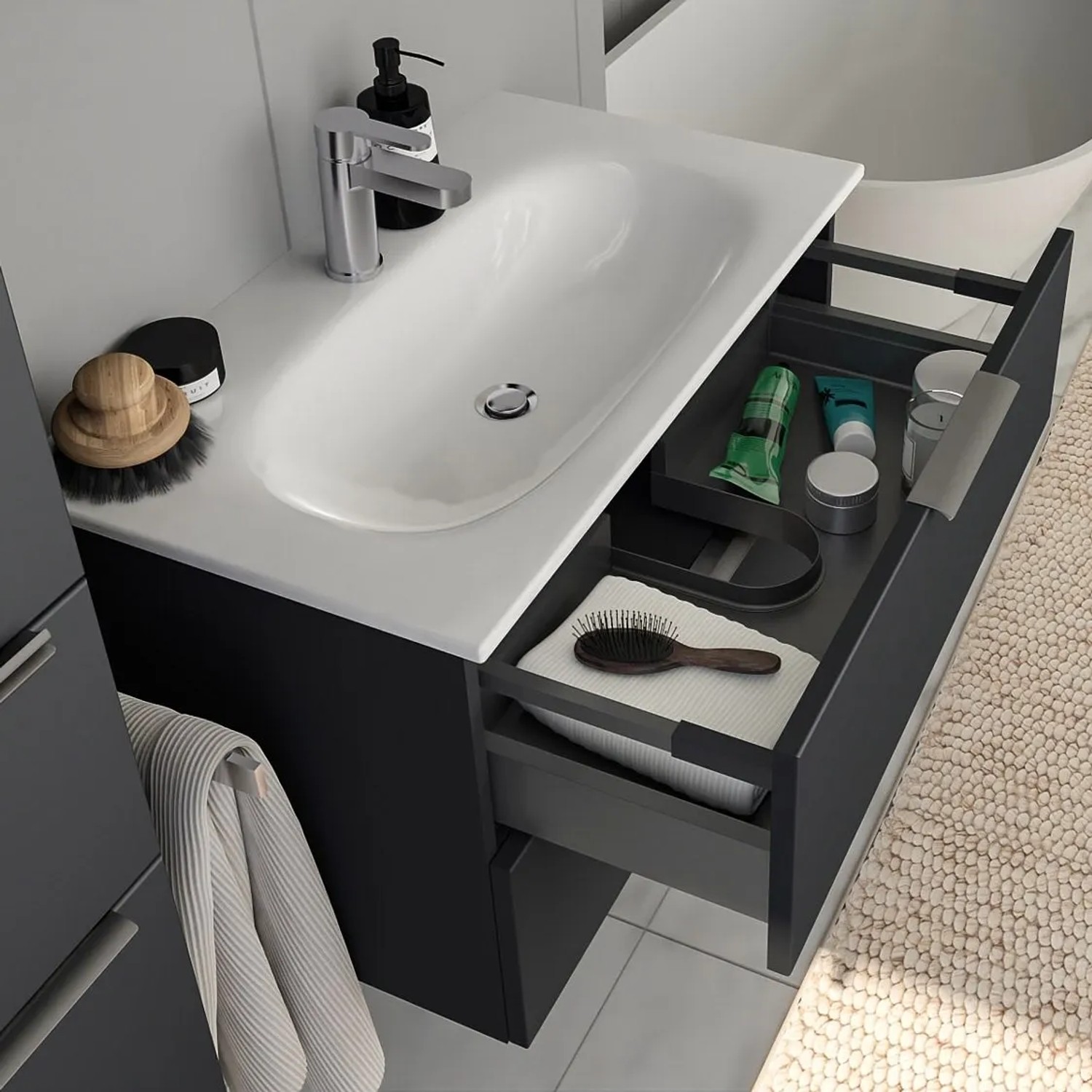 Steinkamp Waschtischunterschrank Living 2.0 mit GROHE Essence Waschbecken, schwarz matt, mit Auszügen.