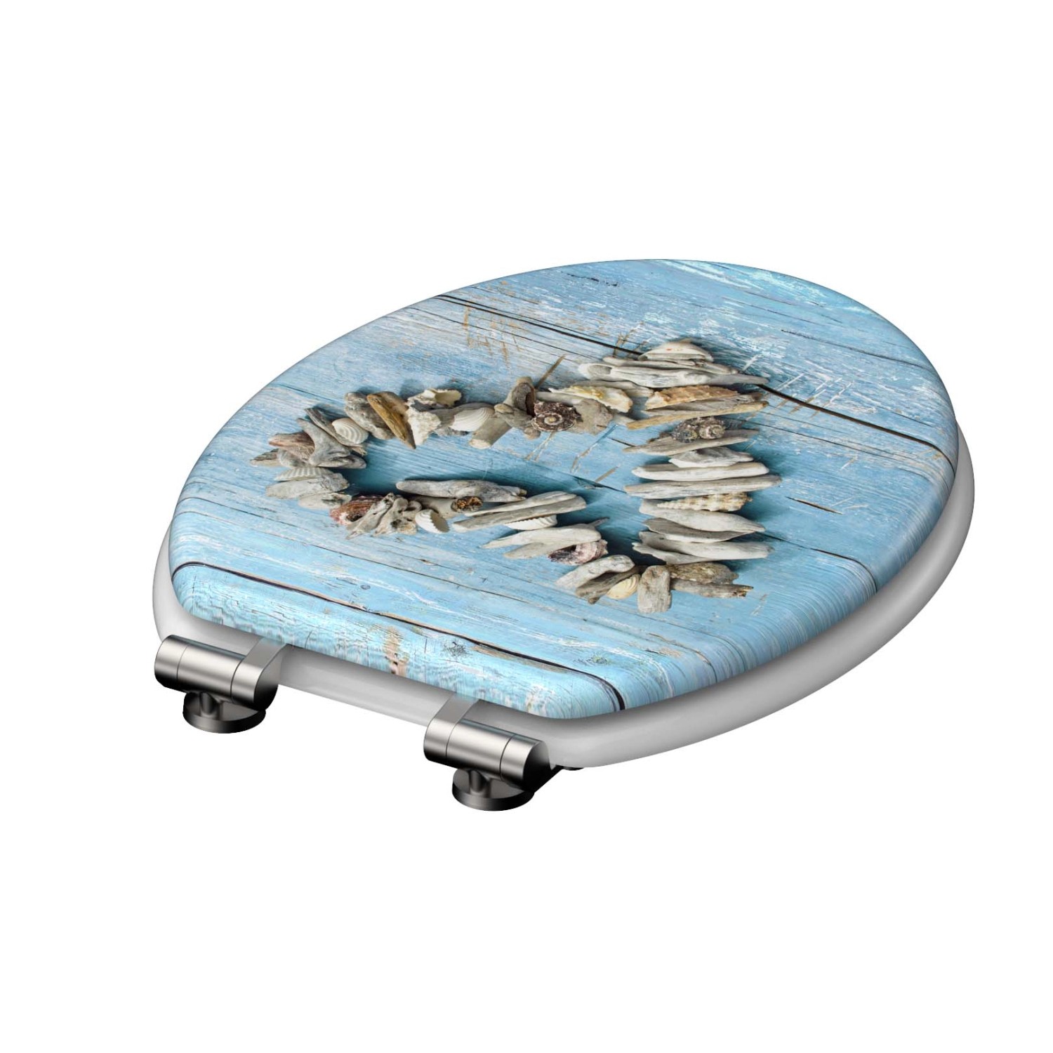 Schütte WC-Sitz Shell Heart mit Holzkern und Absenkautomatik, blaues Holzdesign mit Herz aus Muscheln.