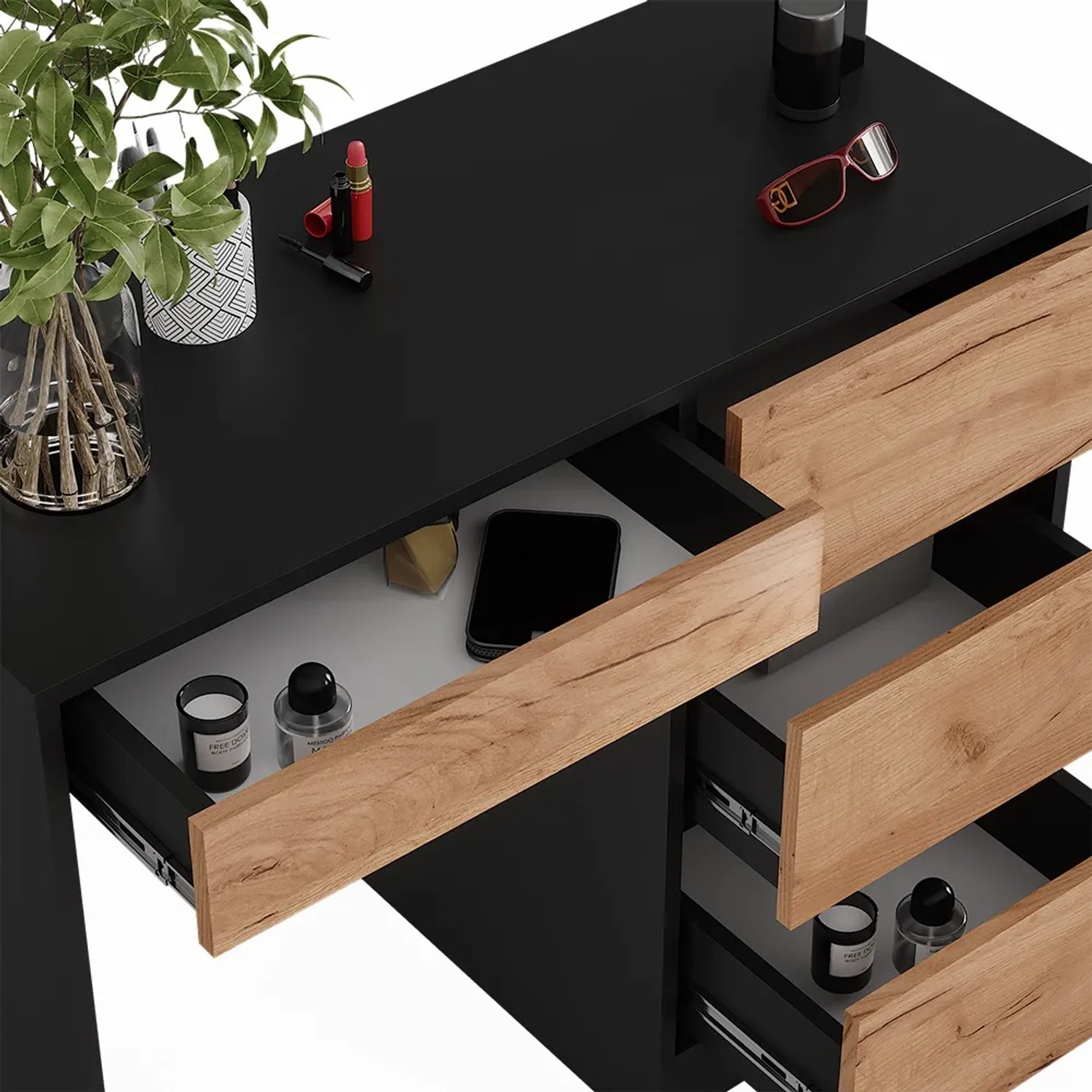 Vicco Schminktisch Sherry in Anthrazit/Goldkraft Eiche mit offenen Schubladen.