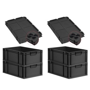 PROREGAL SuperSparSet: 4 schwarze Euroboxen (44L) mit Deckel und Griffen. Aufbewahrungsboxen für Lagerung und Transport.