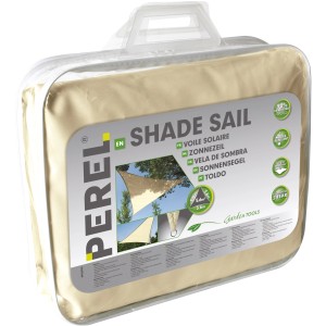 Verpacktes, dreieckiges Perel Sonnensegel in Creme, 360x360 cm, UV-Schutz, wasserabweisend.