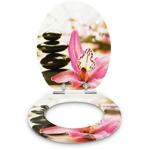 Sanfino WC-Sitz Pink Flower: Toilettendeckel mit Absenkautomatik, Holz, Blumen- und Steinmotiv.