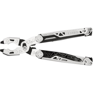 Geöffnetes Gerber Multi-Tool Dual-Force mit Zange und Schraubendreher, silberfarben.