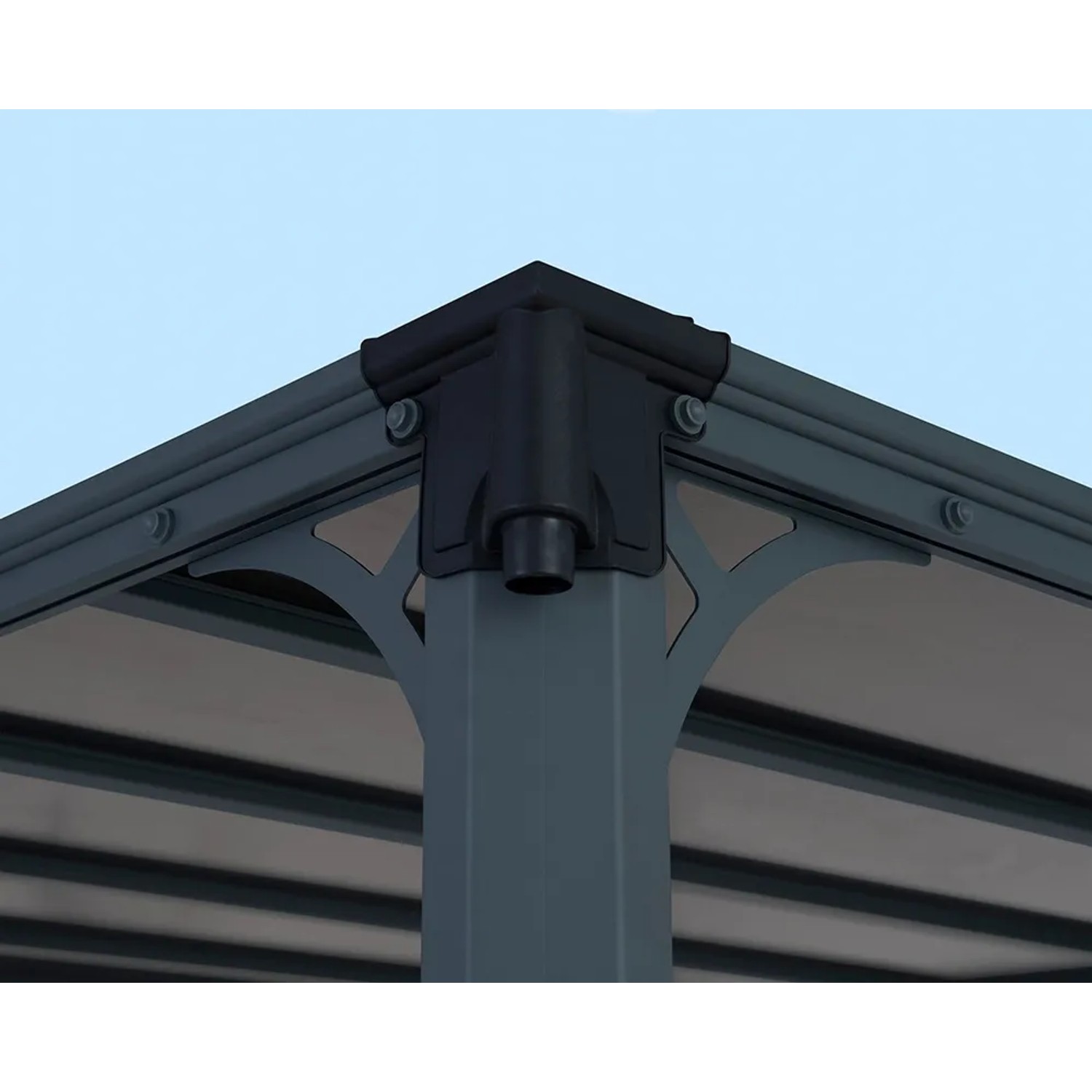 Detailaufnahme des anthrazitfarbenen Palram Canopia Milano Gartenpavillons mit LED-Set.