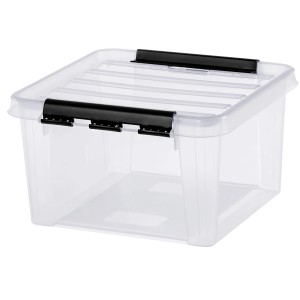 Transparente SmartStore Aufbewahrungsbox Classic 7 l mit Deckel und schwarzen Clips.