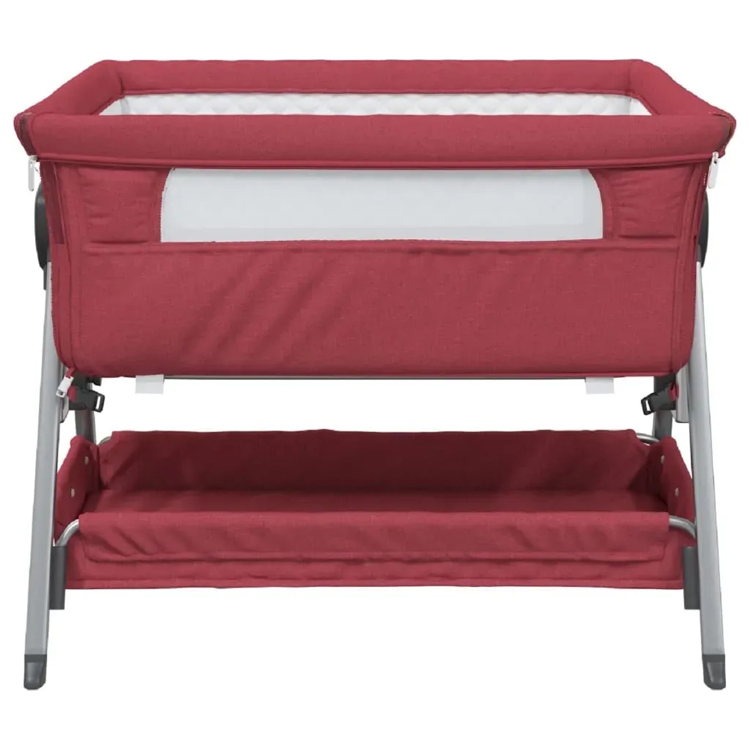 Rotes Babybett mit Matratze aus Leinenstoff, höhenverstellbar, mit praktischem Aufbewahrungskorb.