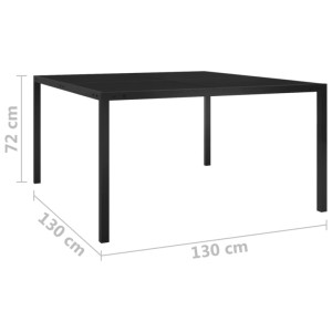 Schwarzer vidaXL Gartentisch (130x130 cm) aus Stahl und Glas.