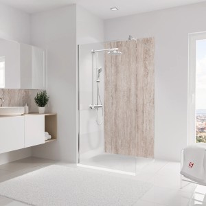Schulte Duschrückwand DecoDesign Travertin-Beige, 210x100 cm im Badezimmer.