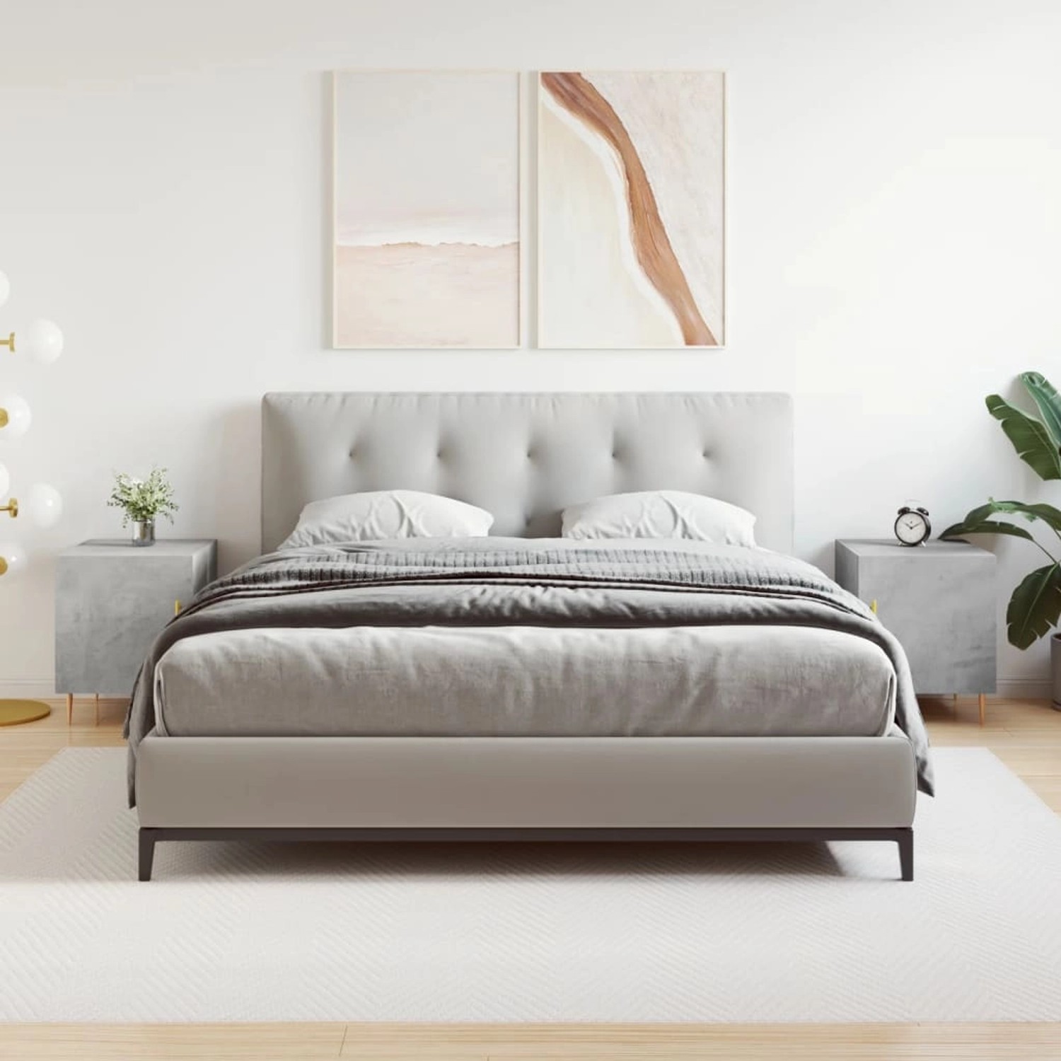 Zwei graue vidaXL Nachttische aus Holzwerkstoff neben einem Bett.