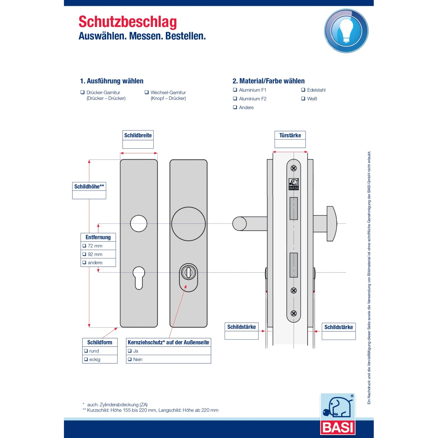 Schemazeichnung Basi Schutzbeschlag Alu F1, Drückergarnitur Langschild Rund, Maße und Details.