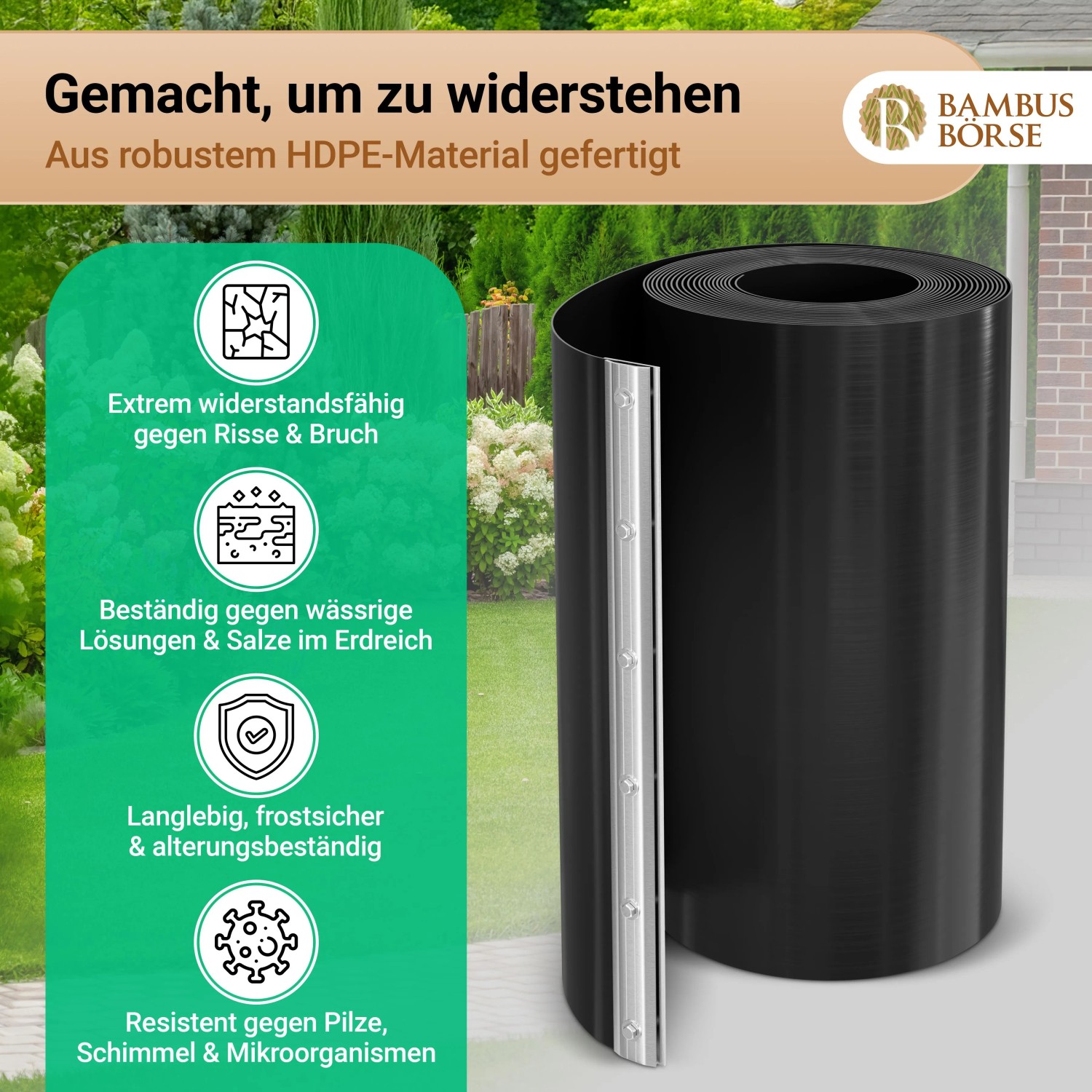 Schwarze HDPE Rhizomsperre mit Verschlussschiene, gerollt. Begrenzt Bambus-Wurzeln. Robust & witterungsbeständig.