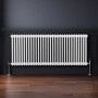 Weißer Monstershop Heizkörper, traditionell, 2-spaltig, 600x1462mm vor dunkler Wand.