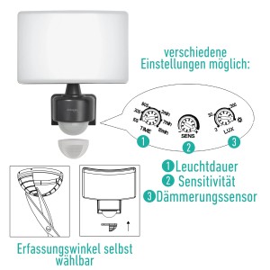 Oktaplex LED Außenstrahler mit Sensor: Einstellungen für Leuchtdauer, Sensitivität und Dämmerungssensor.