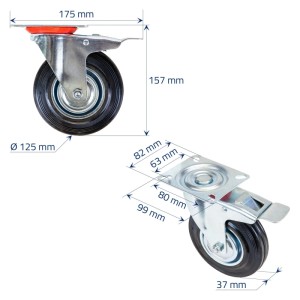 HMF 6790 Schwerlastrollen Bremse Vollgummi 4 Stück 125 mm bis 400 kg Schwarz