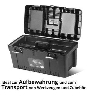 STAHLWERK Werkzeugkiste Set, 4 leere Boxen mit Sortimentsboxen im Deckel, geöffnet.