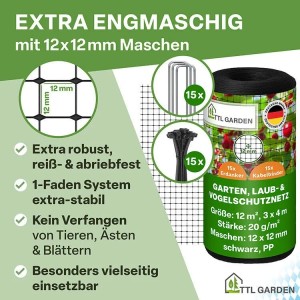 TTL GARDEN Vogelschutznetz 3x4m, inkl. Erdanker und Kabelbinder, Maschenweite 12x12mm, schwarz.