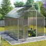 Vitavia Gewächshaus Triton 5000 Vorzugsset mit Alu-Rahmen, Hohlkammerplatten und geöffneter Tür im Garten.
